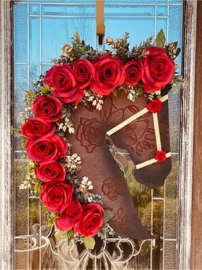 Horse Head Door Hanging with Red Rose Garland